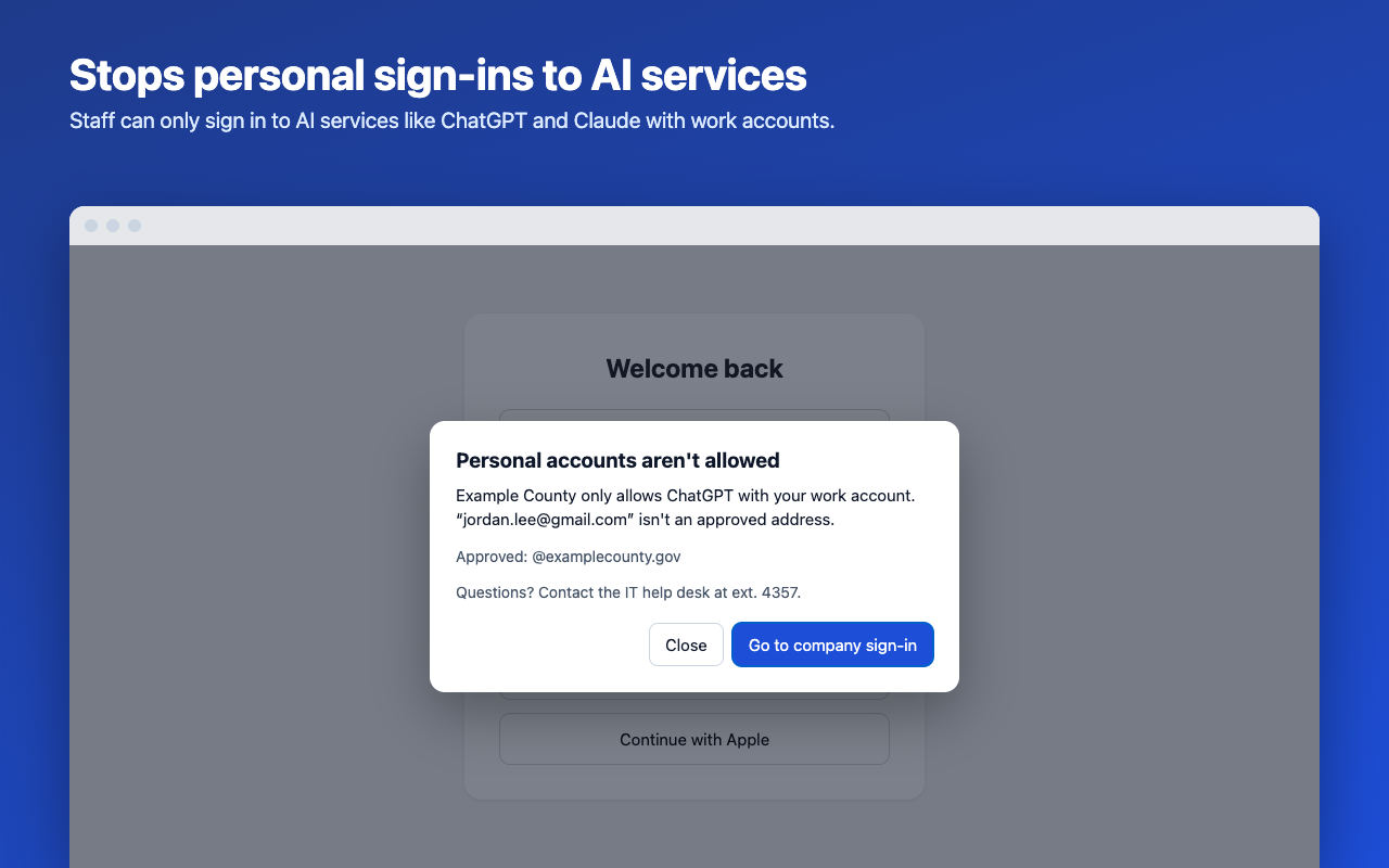 A ChatGPT sign-in blocked by AI Account Guard: personal accounts aren't allowed, with a button to go to company sign-in