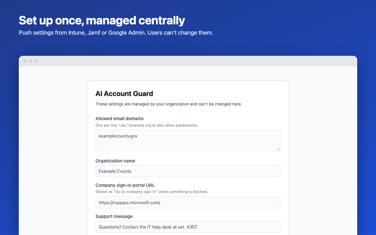 AI Account Guard settings page showing settings managed by the organization