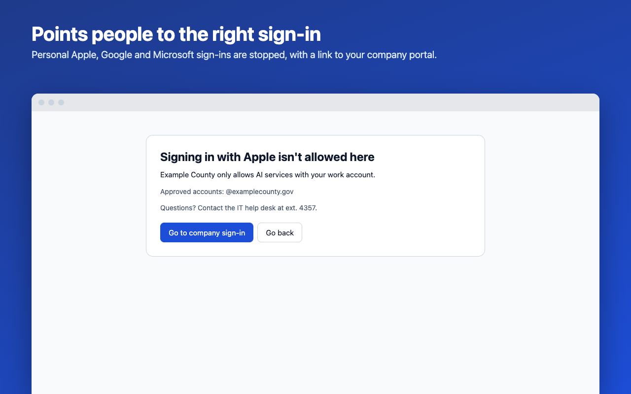 Page explaining that signing in with Apple isn't allowed, with a link to company sign-in