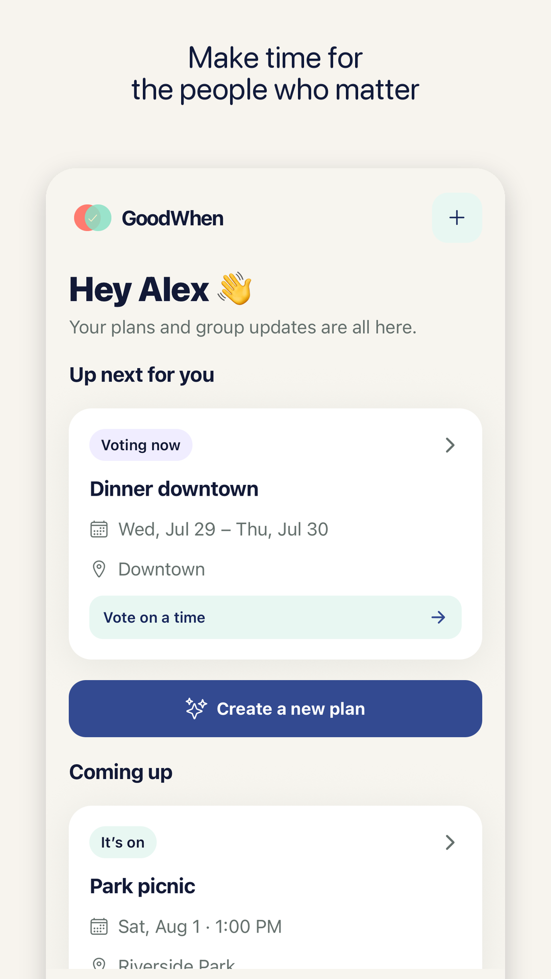GoodWhen home screen showing upcoming friend plans